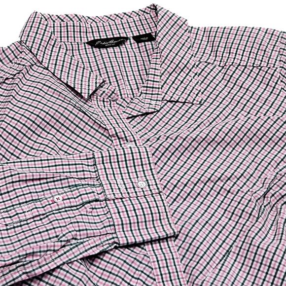 Eddie Bauer Button Down Shirt XL Pink Green Check Plaid Casual Outdoor - Picture 1 of 7